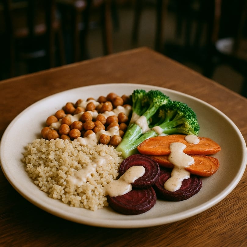 A Kori's Eat Caribbean bowl with chickpeas, quinoa, broccoli, carrots, and beets, drizzled with sauce.