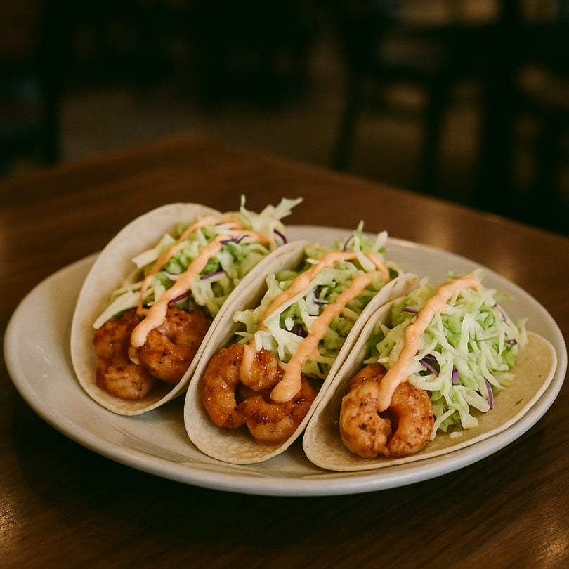 Three Kori's Eat Caribbean shrimp tacos with slaw and sauce on a white plate.